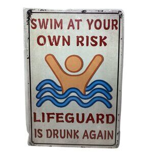 Swim At Your Own Risk Media Golden Era Pin Up Art Tin 12"x 8" Sign Art New